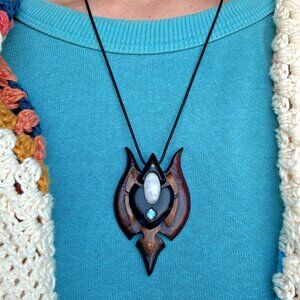 Handmade Nature Pendant Aquamarine Artisan Rosewood Wood Gemstone Necklace